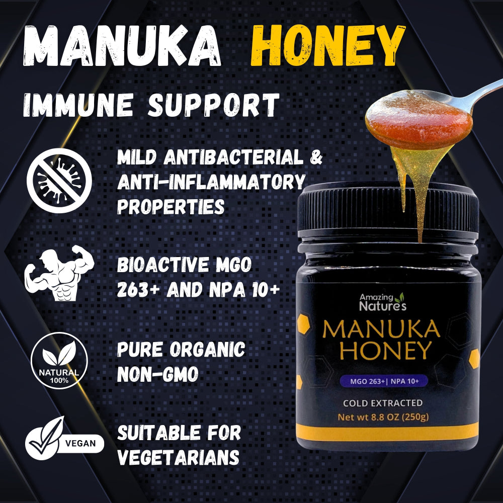 Manuka honey product with features listed on a dark background