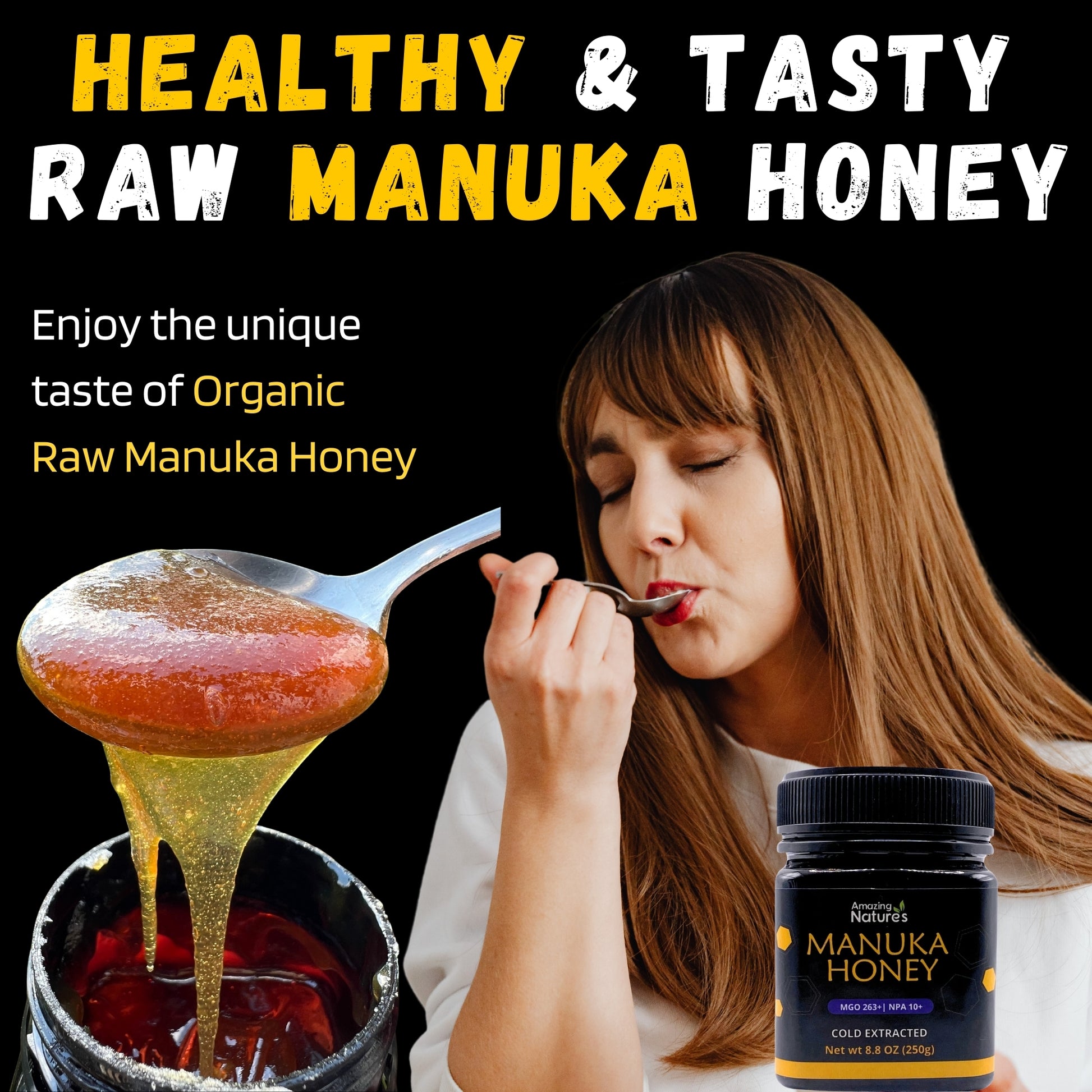 Woman eating raw manuka honey with a spoon, surrounded by text about healthy and tasty raw manuka honey.