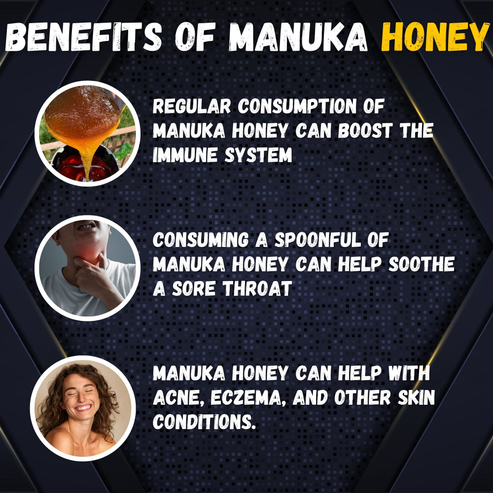 Benefits of Manuka honey with text and images on a dark background