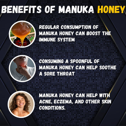 Benefits of Manuka honey with text and images on a dark background