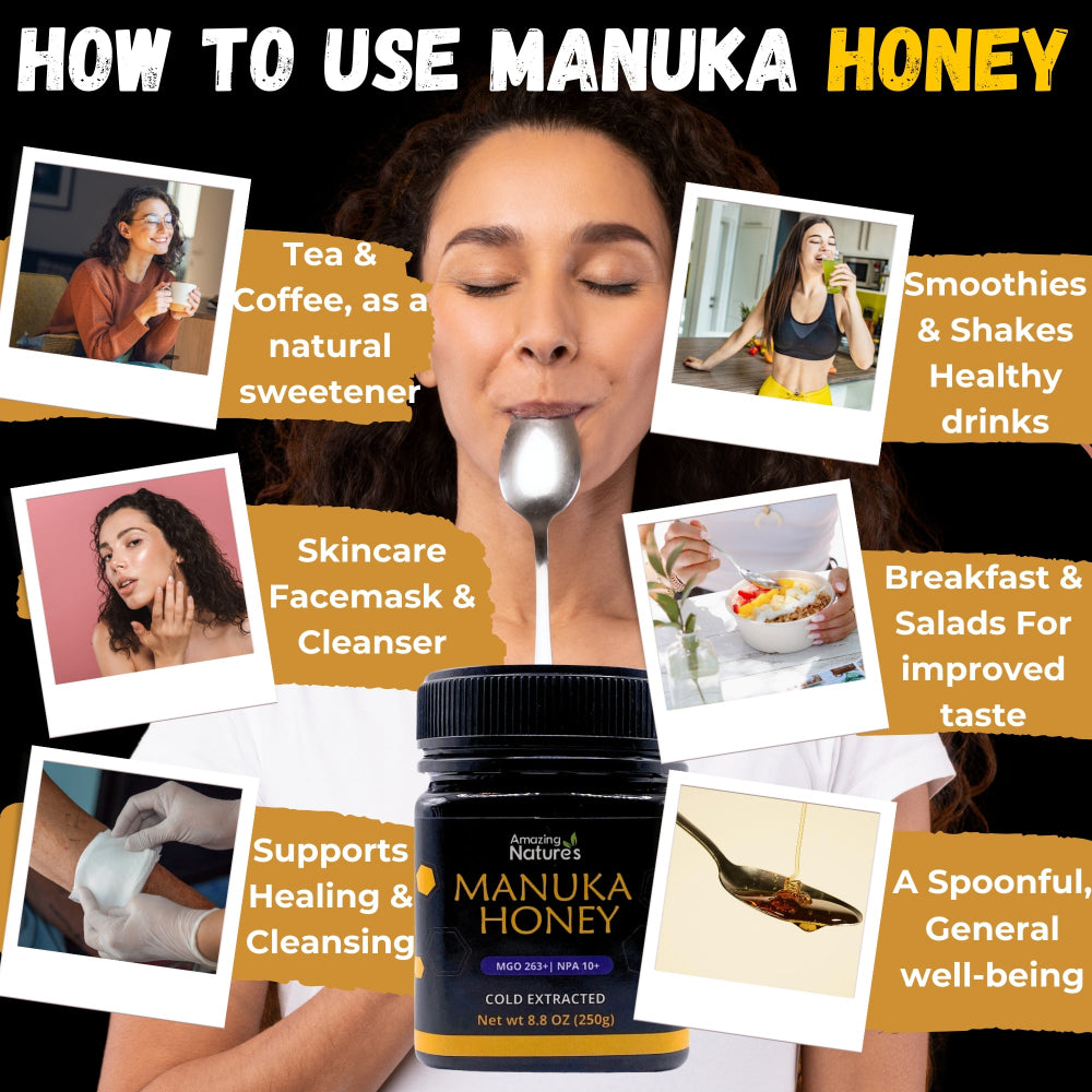 Promotional image about using Manuka honey with text and images of its benefits.