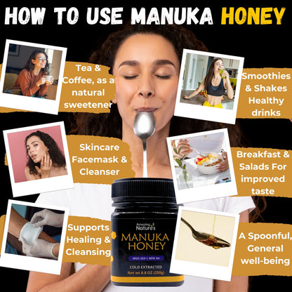 Promotional image about using Manuka honey with text and images of its benefits.
